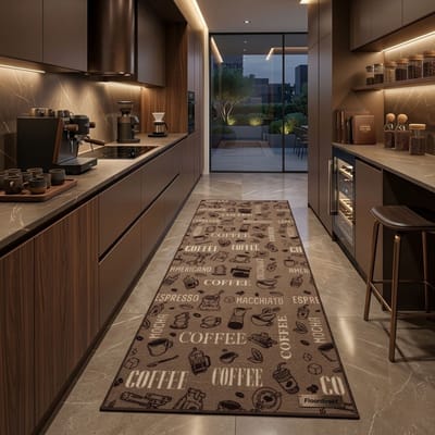 FLOORDIREKT Tapijtloper Coffee - Op maat- Koffiemotief - Antislip - Aanpasbaar aan Elke Kamer - 80 x 100 cm