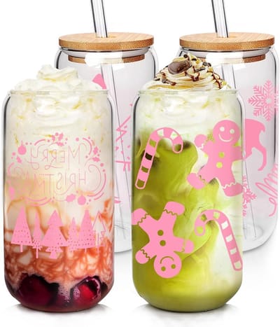 Handy White Elephant Gifts voor Volwassenen - 18 oz Kerstbekers - Koffiemokken - Glazen Bekers met Deksel en Rietjes - Roze Kerstboom Gingerbread Cadeaus voor Vrouwen