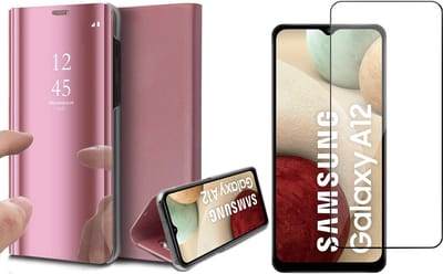 Hoesje geschikt voor Samsung Galaxy A12 - Screen Protector GlassGuard - Book Case Spiegel Roségoud & Screenprotector