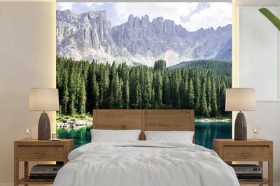 Behang - Fotobehang Berg - Bomen - Water - Breedte 300 cm x hoogte 300 cm