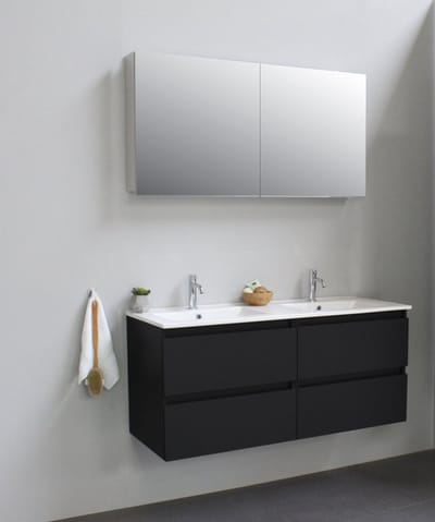 Basic Bella Badkamermeubelset - 120x55x46cm - 2 wasbakken - Keramiek - Wit - 2 kraangaten - Spiegelkast zonder verlichting - Melamine Zwart mat