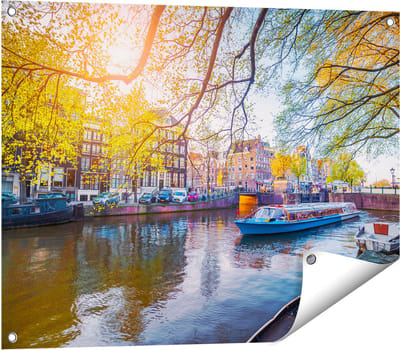 Gards Tuinposter Amsterdamse Gracht tijdens het Voorjaar - 80x60 cm - Tuindoek - Tuindecoratie - Wanddecoratie buiten - Tuinschilderij