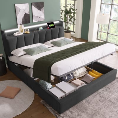 Sweiko Gestoffeerd tweepersoonsbed met oplaadbare USB-functie en LED-verlichting, 140x200 cm, opbergbed, houten lattenbodem, grijs