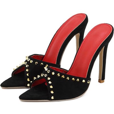 Liyke Zomermode Metalen Nieten Designer Hoge Hakken Dames Slippers Sexy Puntige Neus Party Stripper Schoenen Muiltjes Sandalen 35