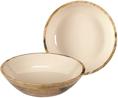 Home Deco Factory Salade serveer schaal - 2x - Fruitschaal/fruitmand - mango hout - D33 x H8 cm - bruin/beige - Pure luxe