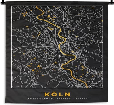 Wandkleed - Wanddoek - Keulen - Goud - Plattegrond - Stadskaart - Kaart - Duitsland - 180x180 cm - Wandtapijt