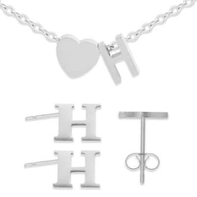 Initiaal Armband & Oorbellen set met Letter H Zilverkleurig - Stainless Steel - Met letter & Hartje! - 2x Sieraden Cadeau - Pax Amare