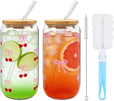 Dailygoods- Drinkglazen Set van 2 - Drinkglazen met Rietje en Deksel - Inclusief Reinigingsborstel - Transparant Glas - Ideaal voor Ijskoffie/Cocktails - Cocktailglazen