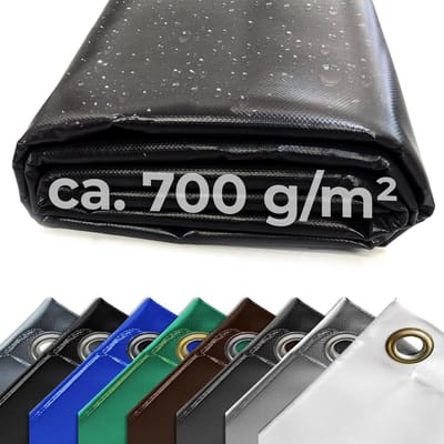 Afdekzeil, 700 g, zwart, 4,00 m x 4,00 m, met zoom en ogen, handgemaakt en robuust, waterdicht, duurzame uv-bescherming, vrachtwagenzeil voor camping, tuinmeubelen, voertuigen