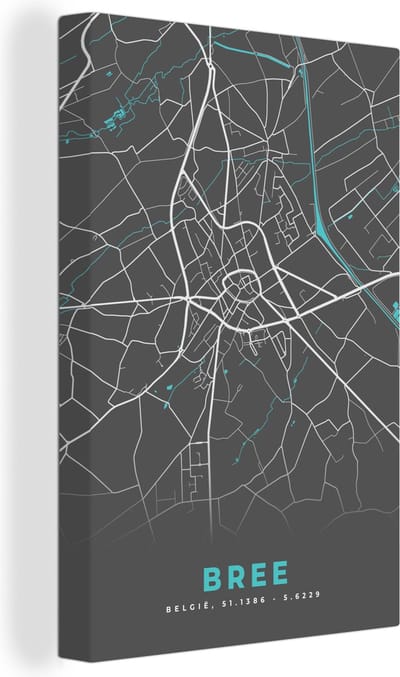 Canvas Schilderij Plattegrond – Bree – Blauw – Stadskaart - Kaart - België - 20x30 cm - Wanddecoratie