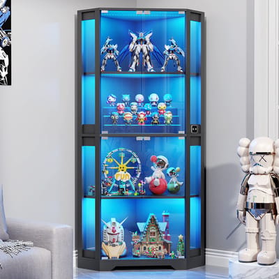 BROTTAR 65" hoekvitrinekast zwart met pop-up glazen deuren en magneetsluiting, 3-kleuren LED-verlichting, bewegingssensor, 4 lagen, displaykast voor verzamelobjecten, trofeeën, boeken en decoratie voor woonkamer, slaapkamer of kantoor