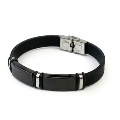 Zwarte heren armband van silicone met twee zilverkleurige vlakken en metalen sluiting