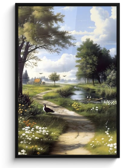 Poster in lijst - Fotolijst 80x120 cm - Posters - Zandpad - Groen landschap - Water - Posterlijst zwart - Decoratie - Wanddecoratie woonkamer - Muurdecoratie slaapkamer