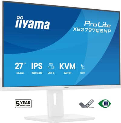 iiyama ProLite XB2797QSNP-W1 - 27 inch - QHD - IPS - USB-Hub (4x) - Verstelbaar - USB-C Dock - 96w power delivery, Wit