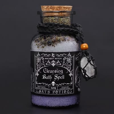 Ancient Witch cleansing bath spell potion 240 gram – reinigend badzout met himalayazout, lavendel en bergkristal hanger - heksen badzout