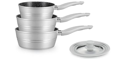 Royalty Line® FS3M Steelpan Inductie - 4 Delig Sauspan Met Universeel Deksel - Ø 16/18/20 cm - 1.2/1.6/2.3 Liter - Pan Met Antiaanbaklaag - Steelpannen Geschikt Voor Alle Warmtebronnen - Zilver