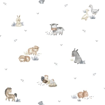Behang - Boerderij Dieren - Farmhouse - Babykamer Neutraal - Wit Grijs - Kinderkamer - Landelijk - Dierenbehang - Koe Schaap Paard - Aquarel - 0,53 x 10,05 M - Happy