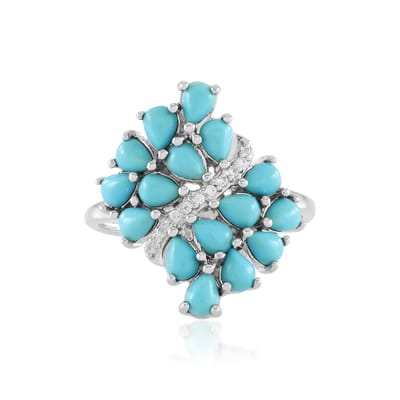 Cavill - Luxe Damesring met Sleeping Beauty Turkoois 1,905 ct - 925 Sterling Zilver met Platinum Plating - Druppelvormige Cabochon & Zirkonia 0,076 ct