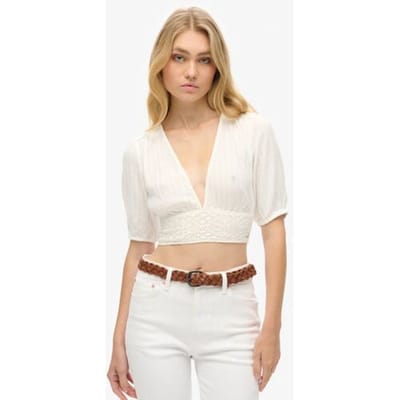 Superdry Ibiza top met Korte Mouwen en Kanten Rand Wit Grootte: 36