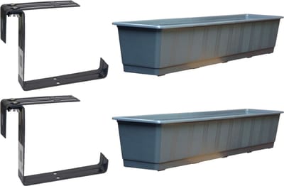 Set van 2 kunststof plantenbakken grijs rechthoekig 80 cm met 4 verstelbare railing beugels