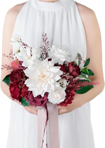 Bruidsboeket Kunstbloemen - Zijde Boeket Bruiloft - Bruiloft Decoratie - Handgemaakt Ontwerp - 255 cm - Bordeauxrood & Blush