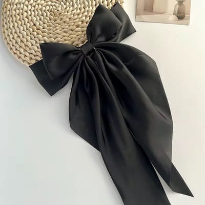SilverAndCoco® - Zwarte Satijnen Haar Strik Elastiek Haarband Festival / Brede Haarstrik Knip Haarelastieken met Lint Dames / Romantisch Elastische Knipje Kerst Feest Oud en Nieuw Haarbanden - Zwart