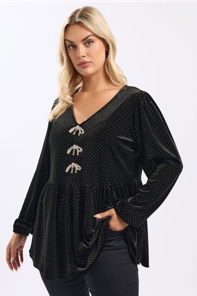 Yours Zwarte Velours Glitter Spot Top Met Lange Mouwen Size 42