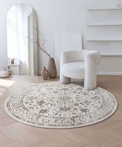 the carpet Mila – Klassiek glanzend vloerkleed met bloemenpatroon, geschikt voor woonkamer en eetkamer, crème beige met klassieke bloemen, 200 cm rond