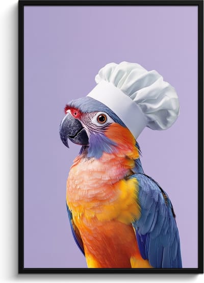Fotolijst inclusief poster - Posterlijst 80x120 cm - Posters - Papegaai - Koksmuts - Paars - Cute - Foto in lijst - Keuken decoratie muur - Wanddecoratie accessoires - Muurdecoratie - Schilderijen