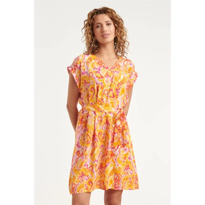 Smashed Lemon Korte jurk met ceintuur en oranje-roze paisley print |