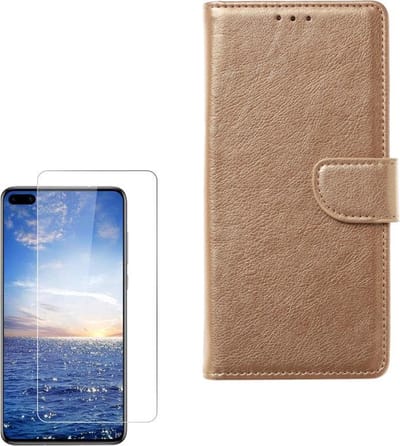 hoesje Geschikt voor: Huawei P40 Lite 5G Portemonnee Goud met 2 stuks Glas Screen protector