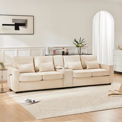 REDOM 4-zits bank – Met console (2 bekerhouders & 2 USB-poorten) & opbergtassen – Zachte beige linnen stof – Incl. 4 lendenkussens – Geschikt voor woonkamer – Beige – 290 cm