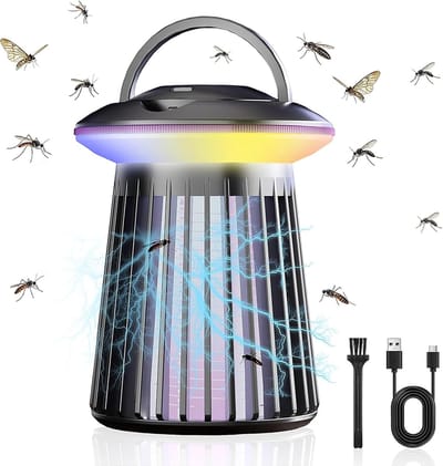 Buitenmuggenlamp, elektrische anti-insectenlamp 4000mAh oplaadbaar via USB met LED-verlichting – 360° muggenverdelger voor buiten, kamperen & tuin.