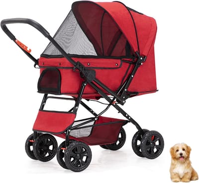 Huisdier Wandelwagen - Dierenbuggy Jogger - Comfortabel Reizen - Flexibele Wielen - Grote Opbergtas - Rood