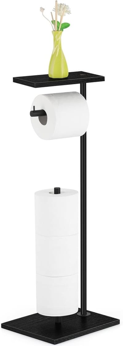 Vrijstaande toiletpapierhouder met plank voor badkamer - roestvrijstalen buizen en houten planken - zwart