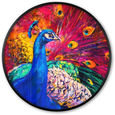 Poster in lijst Rond - Fotolijst 60x60 cm - Posters - Schilderij - Vogel - Pauw - Olieverf - Ronde posterlijst zwart - Decoratie - Wanddecoratie woonkamer - Muurdecoratie slaapkamer