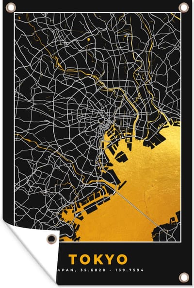 Muurdecoratie Tokyo - Stadskaart - Goud - Plattegrond - Kaart - 120x180 cm - Tuinposter - Tuindoek