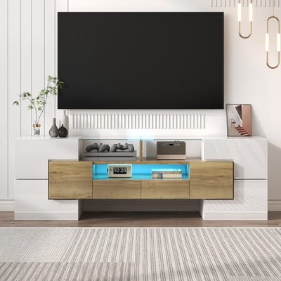 Sweiko TV-meubel - Hoogglans - 145 cm - Met LED-verlichting - Glazen blad - Wit + Natuurlijk