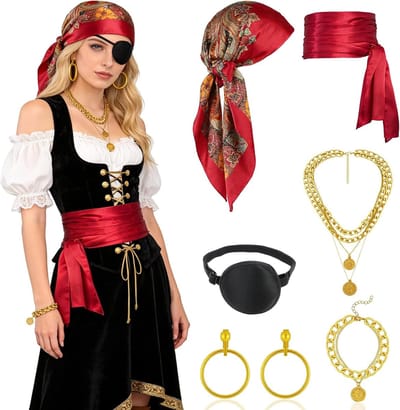 Vrouwelijk piratenkostuum met ooglap, haarjuwelen en tailleketting voor Halloween en carnaval