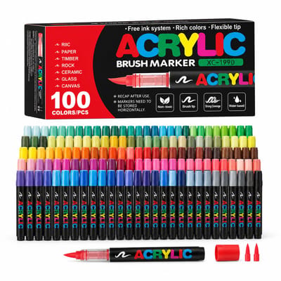 Acrylstiften met vloeibare inkt, zachte punt, 100 kleuren - intelligente inktregeling - voor tekenen, schilderen en DIY - basisverpakking