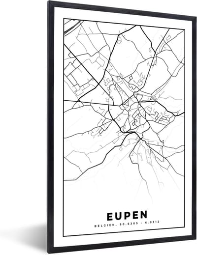 Fotolijst incl. Poster Zwart Wit- België – Eupen – Stadskaart – Kaart – Zwart Wit – Plattegrond - 40x60 cm - Posterlijst