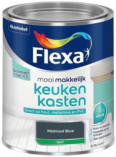 Flexa - Mooi Makkelijk Keukenkasten Mat - Midmod Blue - Mengverf - 750 Ml