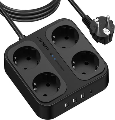 USB-stekkerdoos - Zwart - 4 Stopcontacten - 3 USB-A en 1 USB-C - Voor Thuis en Kantoor