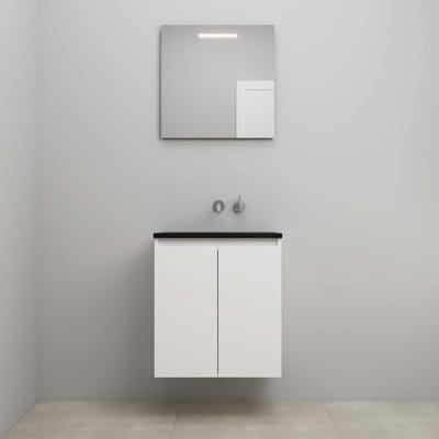 On-Line Badkamermeubelset - 60 cm - Bouwpakket - Greeploze Ladestructuur - Acryl Wastafel - zonder Kraangat - Spiegel met LED-Verlichting - Hoogglans Wit