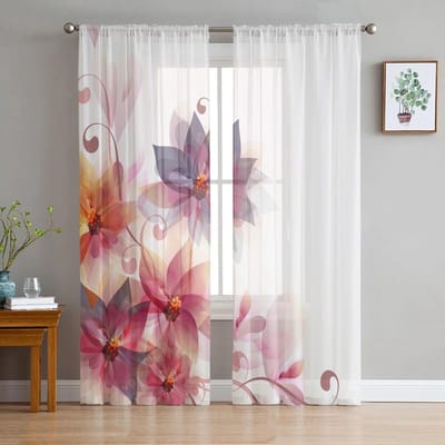 Bloem Roze Oranje Kunst Tule Gordijnen voor Woonkamer Keuken Slaapkamer Pure Tule voor Cafe Hotel Modern Home Decor 135W x 114H(cm) white