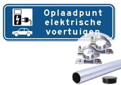 Parkeerbord Elektrische Voertuigen - Weerbestendig Aluminium - 40x15 cm - Bevestiging: Met paal 120 cm + paalbeugels + paaldop