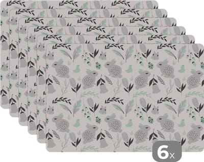 Placemat - Placemats kunststof - Konijnen - Patronen - Lente - 45x30 cm - 6 stuks - Hittebestendig - Anti-Slip - Onderlegger - Afneembaar