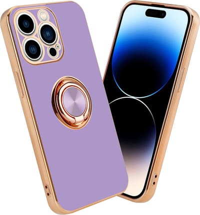 Cadorabo Hoesje geschikt voor Apple iPhone 14 PRO in Glossy Licht Paars - Goud met ring - Beschermhoes van flexibel TPU-silicone Case Cover met camerabescherming en magnetische autohouder