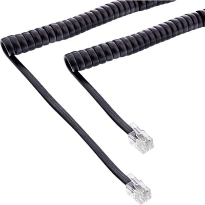 RJ10 telecom crossover spiraalkabel met lang begin- of einddeel | zwart | 4 meter