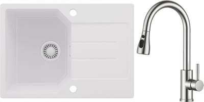 Anycee MAX Spoelbak Keuken Wit - Granieten Spoelbak 65x45CM - Spoelbakken Keuken Met keukenkraan met 2 straalsoorten - Spoelbakken Met Afdruip - Opbouw Spoelbak